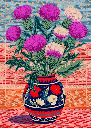 Bgraamiens Thistles Floral Jigsaw Puzzle - Blooming Thistles in a Beautiful Vase with Vintage Background 1000 Pieces for Adults