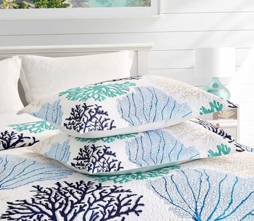 3 Piece Blue Teal Coral Coastal Quilt Sets Full/Queen Size Nautical Beach Bedding Lightweight Reversible Microfiber Coverlet with 2 Shams Ocean Themed Bedspread Comforter Set for All Season, 90''x96'' - Image 4