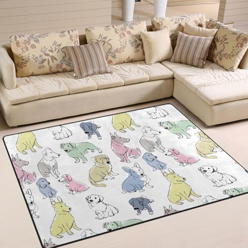 Washable Area Rug 5'x 7',Hand Drawn Puppy Dog Floor Carpet