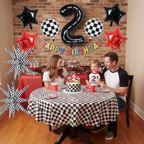 Image of TONIFUL Race Car Party Balloons Set - 40 Inch Racetrack Number 2 Foil Balloon with Checkered & Star Balloons for Boys 2nd Birthday Car Themed Decorations, Baby Shower Photo Backdrop Supplies