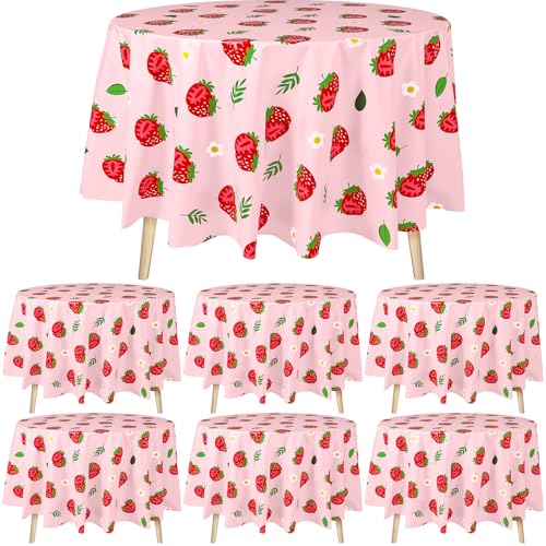 Image of Ganeen 6 Pcs Strawberry Plastic Tablecloth Pink Strawberry Round Tablecloths Birthday Decor Disposable Plastic Round Waterproof Table Covers for Holiday Weeding Tea Decoration Party Favor