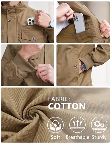 Image of EKLENTSON Men's Jacket | Military style, ribbed knit cuffs and hem, stand collar, zip closure with snap buttons, multi cargo pockets, for daily wear