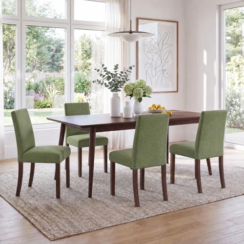 Image of Upholstered Dining Chairs Set of 4, Mid-Century Dining Room Chairs with Wooden Legs, Farmhouse Fabric Parsons Chairs for Small Space Restaurant & Cafe- Green