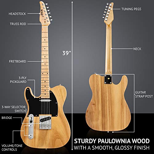 Lyxpro 39” Electric Guitar Left Hand Tl Series, Full-Size Paulownia Wood Body, 3-Ply Pickguard, C-Shape Neck, Ashtray Bridge, Quality Gear Tuners, 3-Way Switch & Volume/Tone Controls, 2 Picks, Natural #TOP6
