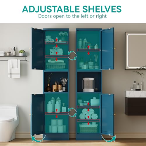 Image of 67 inch Tall Narrow Storage Cabinet with Doors and Open Shelf,Metal Pantry Cabinet,Shaker Style Slim Cabinet with Adjustable Shelves,for Bathroom Kitchen Laundry Small Spaces,Blue, 1Pc
