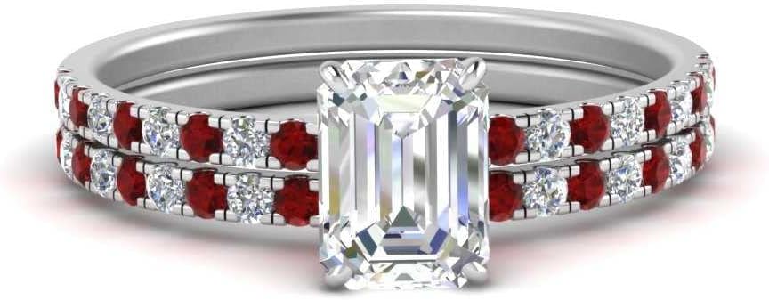 Hidden Halo Half Way Wedding Ring Set Sterling Silver Created Ruby Emerald Shape Red Color Wedding Ring Sets Prong Setting in Size 12 Party Wear Daily Wear Ornament