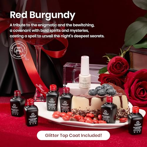 Image of Beetles Red Gel Nail Polish Set with Top Coat, Gel Polish 6 Colors Popular Shimmer Red Burgundy Nail Art Design Soak Off Uv LED Minicure DIY Home Gifts for Women