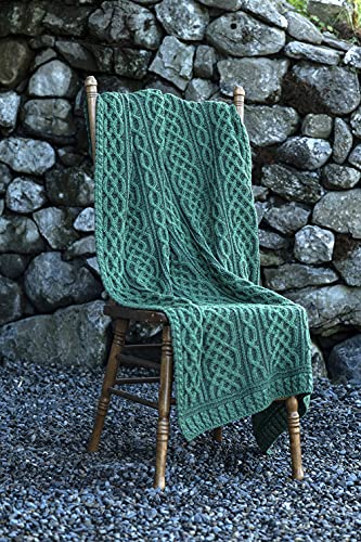 Carraig Donn Irish Cable Knit Blanket Celtic Aran Throw - 100% Merino Wool Made in Ireland - 40"x 55" (102 x 140)(Kiwi/Connemara Green)