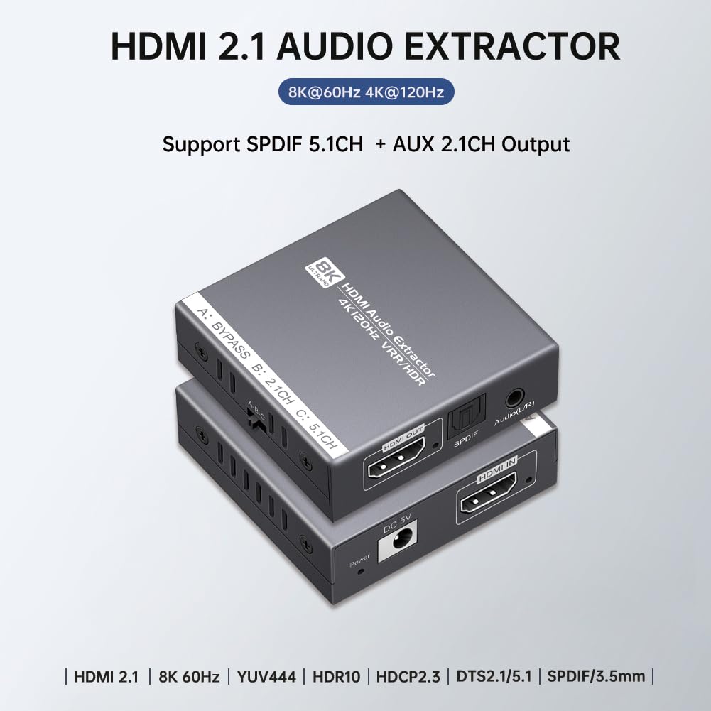 Estrattore audio HDMI 2.1 8K 4K a 120Hz/8K a 60Hz, adattatore da HDMI a ottico e audio da 3,5 mm per PS4/5, Fire Stick, altoparlanti, cuffie, lettore Blu-ray