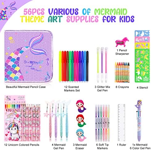 Fruit Scented Markers Set 56 Pcs with Glitter Mermaid Pencil Case & Stationery, Art Supplies for Kids Ages 4-6-8, Art Coloring Kits Box, Gifts Toy for Girls Age 5,7,Gel Pen,Pencil&Crayon Drawing Stuff 2 51gbbXwcjRL. AC