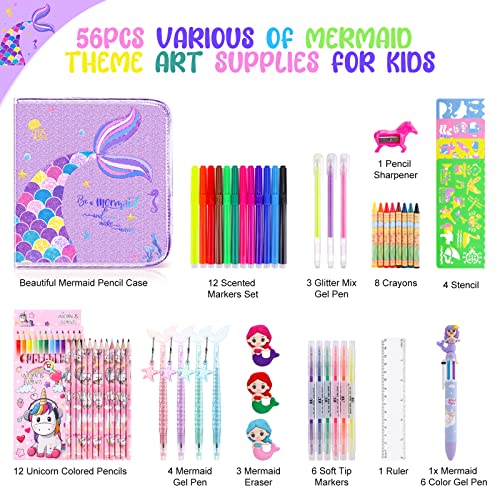 Fruit Scented Markers Set 56 Pcs With Glitter Mermaid Pencil Case & Stationery, Art Supplies For Kids Ages 4-6-8, Art Coloring Kits Box, Gifts Toy For Girls Age 5,7,Gel Pen,Pencil&Crayon Drawing Stuff #TOP1