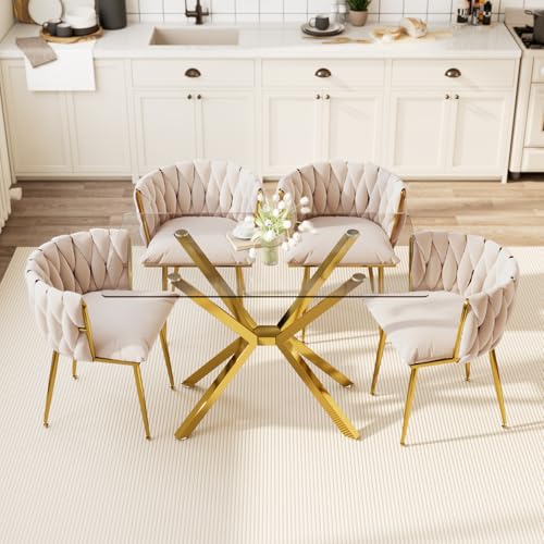 Image of Golden Glass Dining Table Set for 4 with 47.2 inch Rectangular Tempered Glass, 5 Pieces Kitchen Table Set with 4 Comfortable Velvet Chairs for Living Room, Apartments Small Place, Cafe (Beige Chairs)