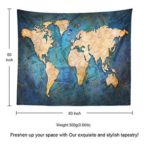 Summor Wall Tapestry, Wall Hanging Tapestry Psychedelic Map World Flat America Earth Asia Europe Ocean Africa Art Australia Blue Borders 80X60 Inches For Living Room Wall Decor Bedroom #TOP4