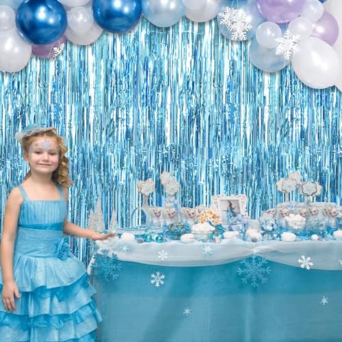 Image of TONIFUL 3Pcs Light Blue Door Streamers,Light Blue Photo Booth Backdrop Metallic Streamers Foil Fringe Curtains for Birthday,Christmas,New Year,Bachelorette,Grad Party Streamers Decor(9.9ft x 6.6ft)