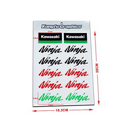 Kungfu Graphics Kawasaki Ninja Sponsor Logo Racing Sticker Sheet Universal (7.2 x 10.2 inch),Green, Red