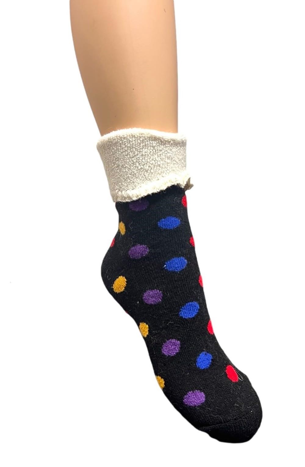 Jess & Lou Cuff Socks Super Cosy Thick Fluffy Towelling Warm Knitted Cuff Stretchy Loungewear Cute Design Gift Idea (Black Spots)