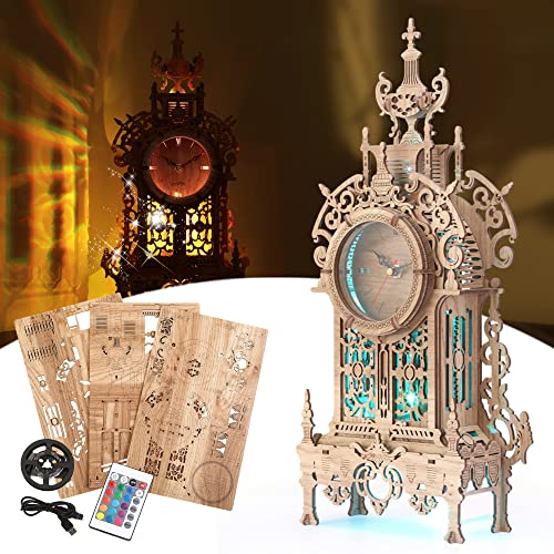 FUNPOLA 3D Holzpuzzle Erwachsene LED Turmuhr, 3D Puzzle Holz Uhr Modellbausatz, 3D Puzzle Uhr Kits Beste Festival Geschenke fur Erwachsene