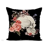 Awowee Flax Throw Pillow Cover Colorful Flower Roses and Skull Vintage Watercolor Gothic Pattern...
