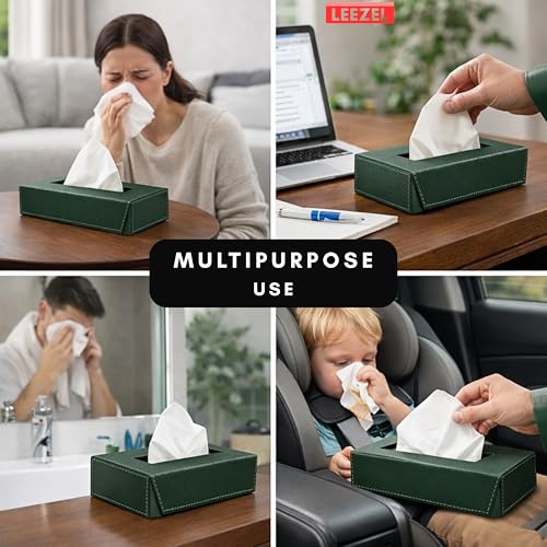 Image of LEEZEL| Tissue Box Holder with 100 Pulls Cotton Rags Tissue | Handcrafted Fine Leather - Like Finish | for Gifting, Office Desks, Cars & Home Decor | Durable & Water Resistant. (Military Green)
