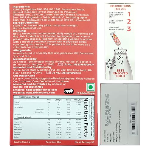 Image of Ounce Energy Drink - Electrolyte Powder Sugar Free - 30 Orange Hydration Powder Drink Mix Sachet with 6 Keto Electrolytes no Sugar : Na, Mg, Ca, K, P & Cl boosted with Vitamins B12 & C