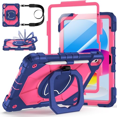 Image of Case for iPad A16 11th /10th Generation 11 inch /10.9 inch 2025 /2022, Ubearkk for iPad a16 case with Screen Protector, 360 Degree Rotating Stand Shoulder Strap Pencil Holder, Navy Pink