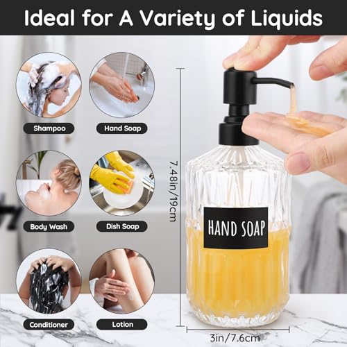 Image of Segbeauty 15.2oz Glass Soap Dispenser Refillable, 2pcs Empty Bathroom Hand Soap Dispenser with Stainless Steel Pump, 450ml Clear Lotion Pump Bottle with Labels, Vintage Shampoo and Conditioner Bottle