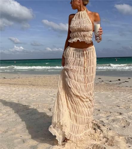 Women Two Piece Maxi Skirt Set Y2k Sleeveless Crop Cami Top Ruffle Tiered Flowy Long Skirt Vacation Beach Outfits2