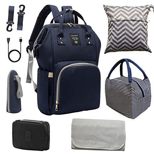 Diaper Bag Set, ERGO QUEEN Multifunction 8-in-1 Baby Care Backpack for Mom Dad, Large Capacity, Unisex Travel Back Pack, Waterproof Nappy Bags, Baby Nursing Organizer, Navy
