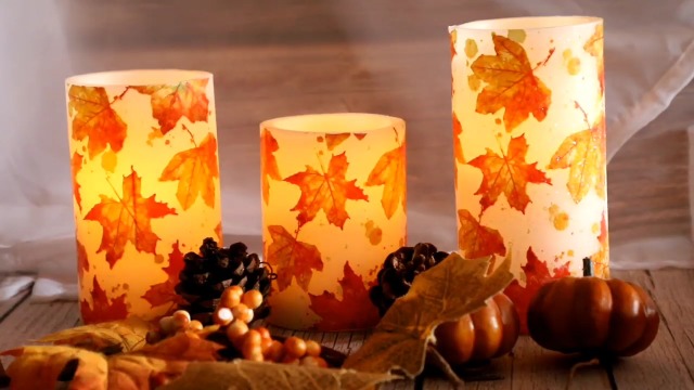 Image of Flameless Candles Remote Fall Leaves Decal Flickering Real Wax Battery Operated Candles for Home Party Wedding Botanical Christmas Fall Decorations - Set of 3