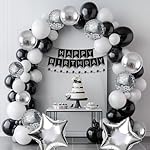 Black and Silver Birthday Decorations for Men, Happy Birthday Party Decorations, Happy Birthday Banner, Balloons, Foil Fringe Curtains, Tissue Paper Pompoms, Star Garland, Party Decor - Image 5
