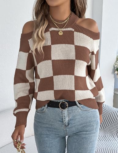 IDEALSANXUN Womens Checkered Sweater Fall Winter Long Sleeve Off Shoulder Knitted Sweater3