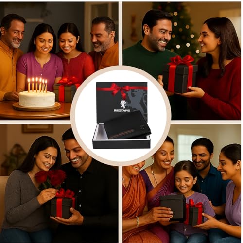 Image of Red Tape Black Brown Men's Leather Wallet | RFID Blocking Bi-Fold Wallet with Metal Logo, 7 Card Slots & 2 Cash Compartments