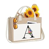 YOOLIFE Birthday Gifts for Women, A Initial Jute Tote Bag with Zipper Beach Bags for Women Gifts for