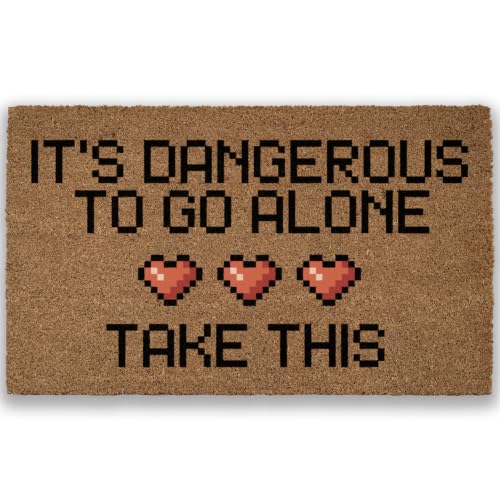 MOODY 4YOU Its Dangerous to Go Alone Take This Doormat, Retro Pixel Heart Gamer Welcome Mat, Nerdy Video Game Coir Front Door Decor, 30 x 18