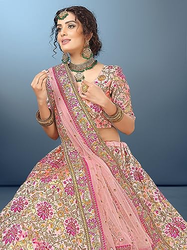 TRENDMALLS Women\'s Silk Heavy Embroidery work Bridal Lehenga Choli with Dupatta Ready To Wear (L46-Pink-L)