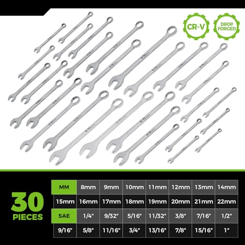 Image of Der Erwachte 30pc Combo Wrench Set SAE Metric 1 /4-1 8-22mm Storage Pouch | Made of durable Cr-V steel, dual open & box ends, sturdy build, for automotive maintenance and household repair