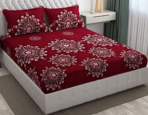 Image of KAWI King Size Microfiber All Over Elastic Fitted Double 220 TC Printed Bedsheet Cotton Feel (72 inchX78 inch X 6 inch) with 2 Pillow Covers, Color- Maroon Print