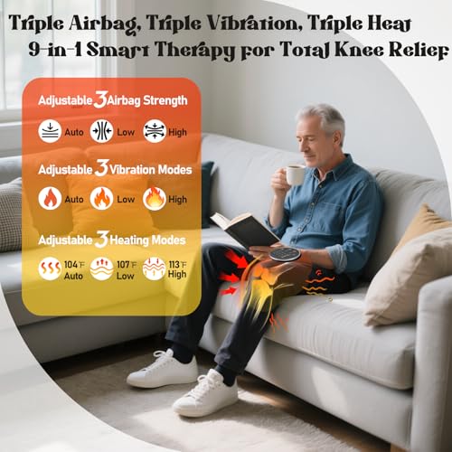 Image of Knee Massager with Heat, 3D Airbag Compression, 3 Heating Levels, 3 Vibration Modes, Adjustable Straps, Memory Function, Cordless Knee Brace Massager for Home Use, Gift for Men and Women