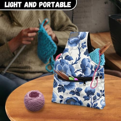 Image of Blue Floral Yarn Storage Bag for Crocheting Lightweight Knitting Bags and Totes Holding Yarn Crochet Hook Needles,Small