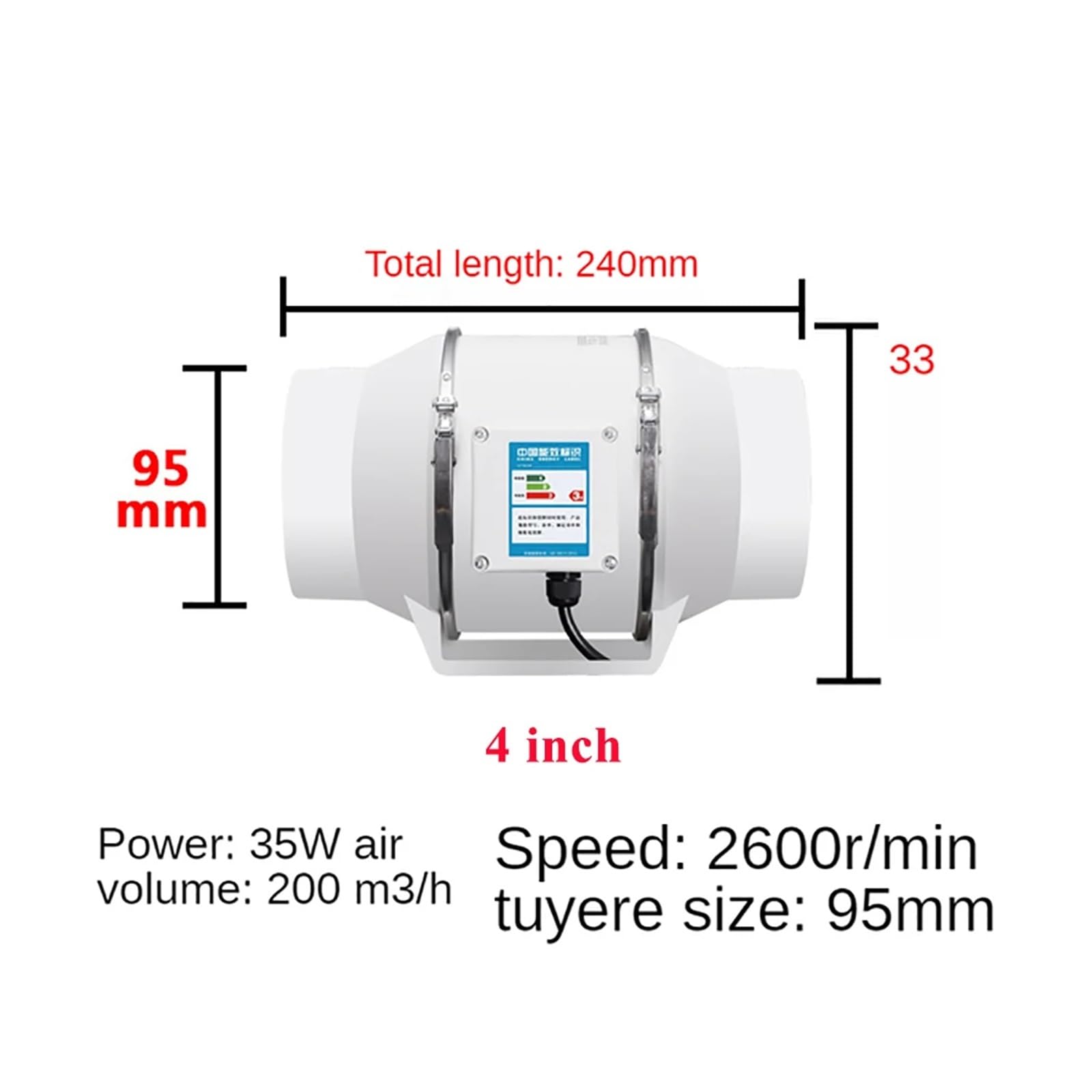 Ventilador de Extracción Ventiladores De Escape Hogar Silencioso Tubo En Línea Ventilador De Conducto For Baño Extractor Ventilación Cocina Inodoro Pared Aire Limpio Ventilador(4 inch)