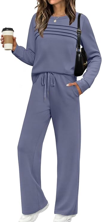 ZWRXW Two Piece Sets for Women Long Sleeve Sweatshirt Wide Leg Pants Cozy Lounge Sets Fall Casual Travel Vacation Outfits