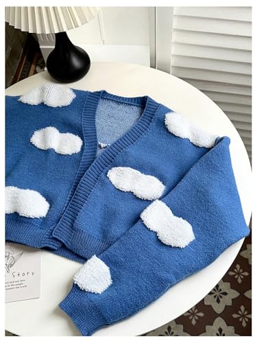 Image of MakeMeChic Women's Graphic Open Front Cardigan Sweaters Long Sleeve Cropped Outerwear Blue Medium