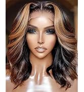 AimeileMiss Short Women's Ombre Wigs Synthetic Lace Front Medium Wavy Brown/Blonde Highlights Col...