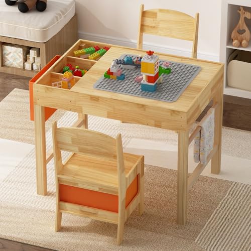 DEZAGCE Mesa infantil con 2 sillas, mesa de madera natural, mesa de juegos con cajón y bolsa de tela, muebles infantiles de madera 71 x 51 x 56 cm para habitación infantil, juego creativo y