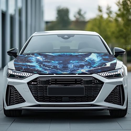 Image of Cool Wolf Car Hood Cover Elastic Car Hoods Protector Lightning Design Auto Hood Flag Waterproof Automotive Accessories for SUV Sedans Trucks Pickup