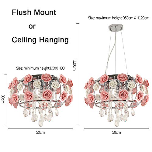 Yoywe Modern Pink Ceramic Rose Chandelier Romantic Crystal Pendant Lighting Flush Mount Ceiling Lamp For Girl Bedroom/Living Room/Dining Room Decoration(19.5Inch #TOP5