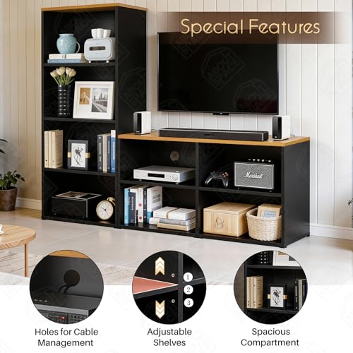 Image of ABOUT SPACE TV Unit - Engineered Wooden TV Stand 32 inch to 50 inch Table Cabinet with Bottom Storage, Side Rack, Cable Hole for WiFi Router Stand Console Table for Living Room, Bedroom (Black & CM Oak)