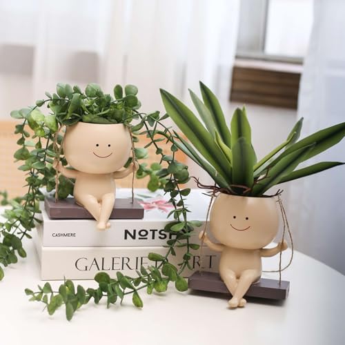 Image of Pottery Swing Hanging Face Planter Pots for Indoor Outdoor Plants, Cute Swinging Flower Pots Succulent Plant's for String of Pearls