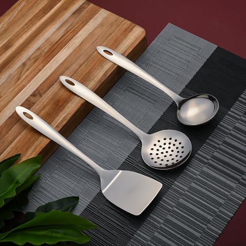 Image of Montavo by FnS 3 Pieces Stainless Steel Serving Tools Set, Gravy Ladle, Solid Turner & Skimmer Turner, Mirror Finish Food Grade Kitchen Serving Utensils for Home, Cooking & Dining