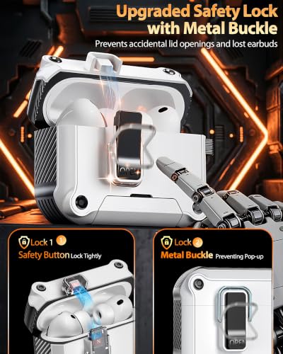 Image of Dual Safety Lock for AirPods Pro 3 Case, Magnetic MagSafe Charging Cover | with Automatic Switch & Hidden Phone Stand, Includes a Cleaner & Keychain - Rugged Tough Hard Shell, Minimalist White
